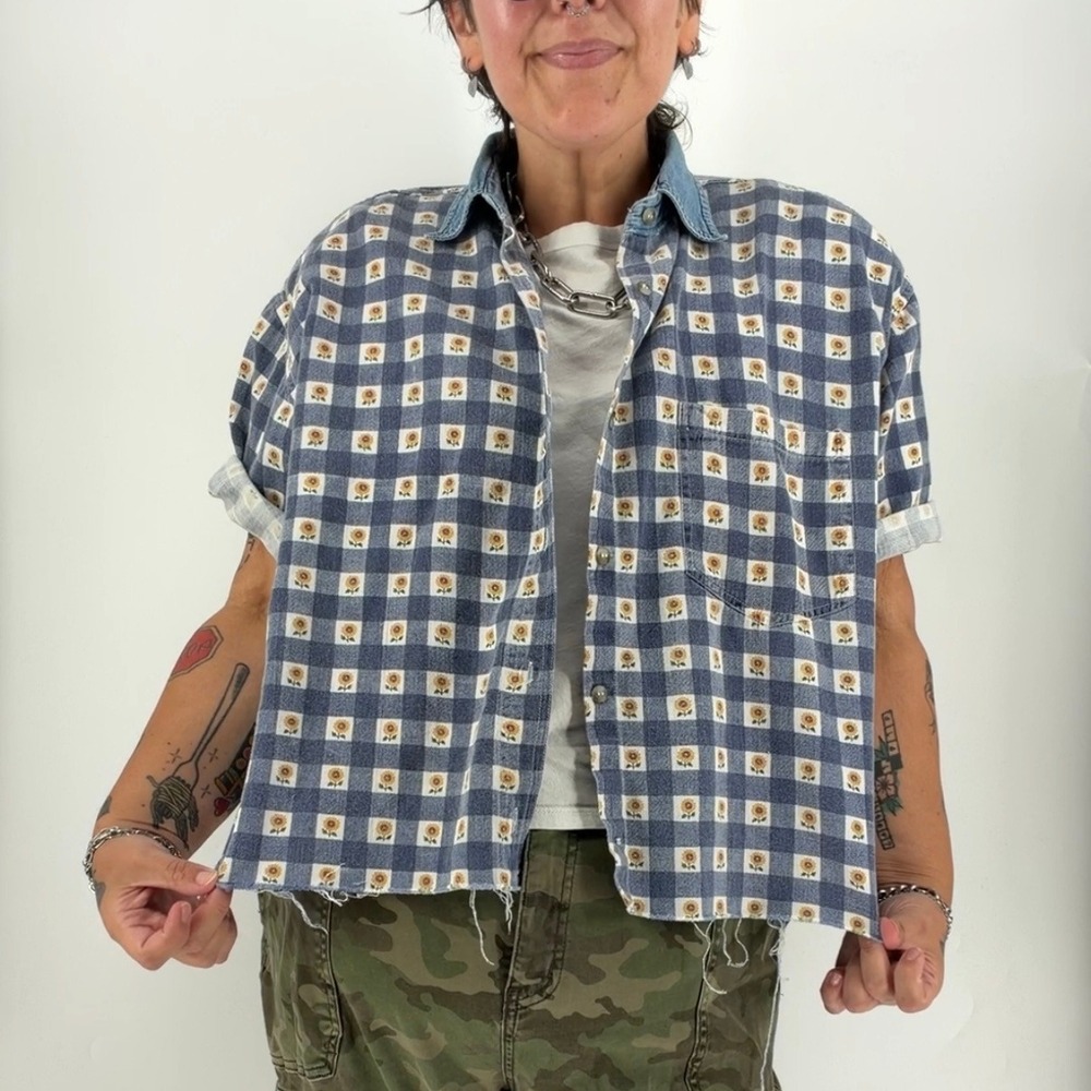 Vintage Fitting Image cottage boxy crop shirt sunflower gingham plus size 20 2XL